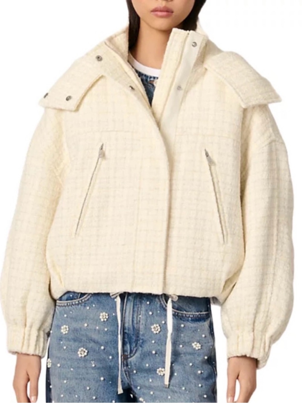 Maje Cream Textured Bomber Jacket